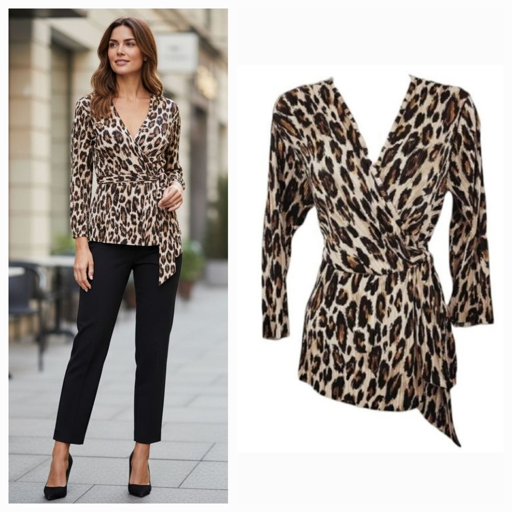 Cato Est. 1946 Cheetah Accordion Crinkle Pleat V-neck Longsleeve Blouse Size XS